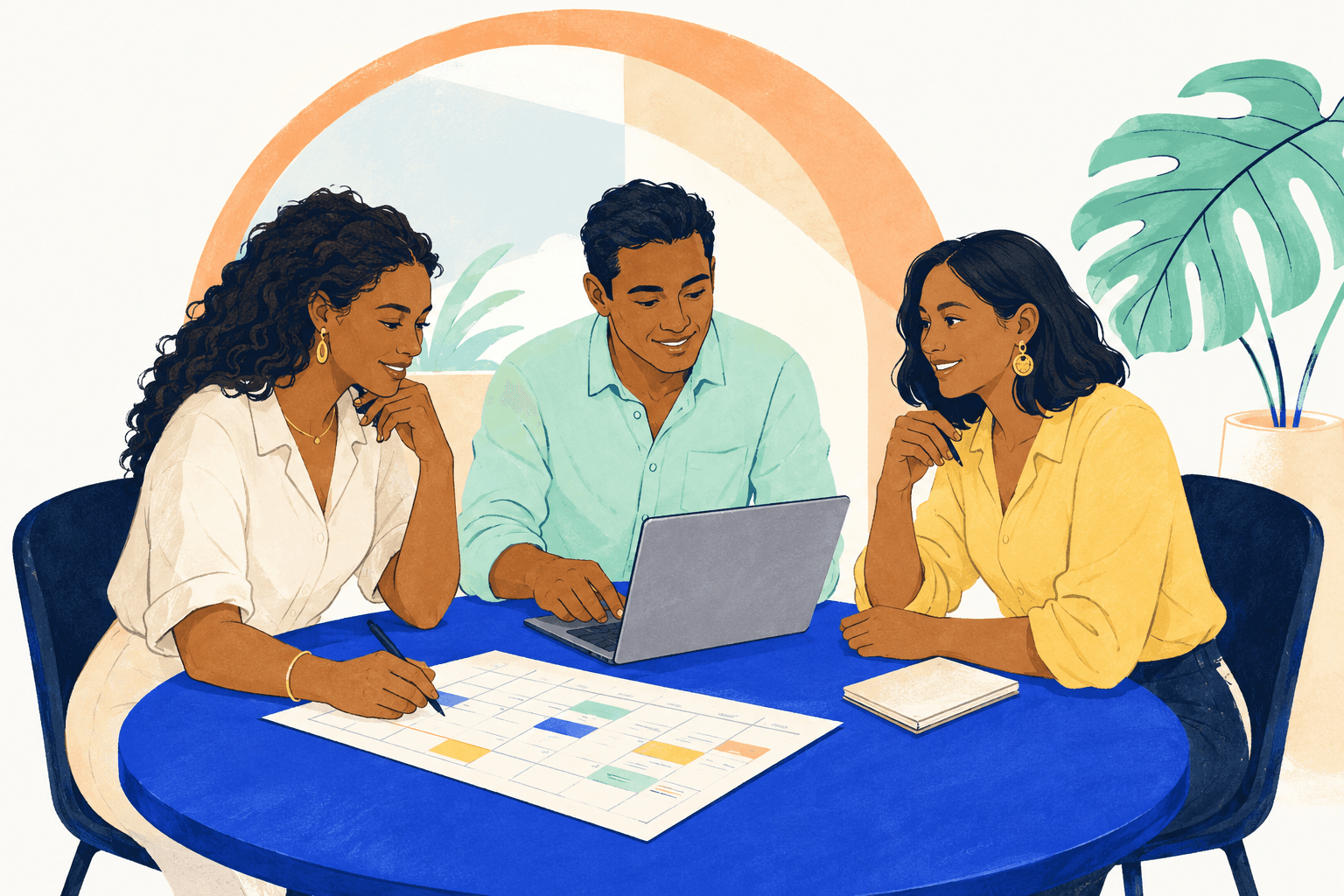 Illustration de trois collègues préparant ensemble leur semaine autour d’une table